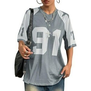 Women's Oversized Football Jersey Mesh Short Sleeve Tee Top Gray